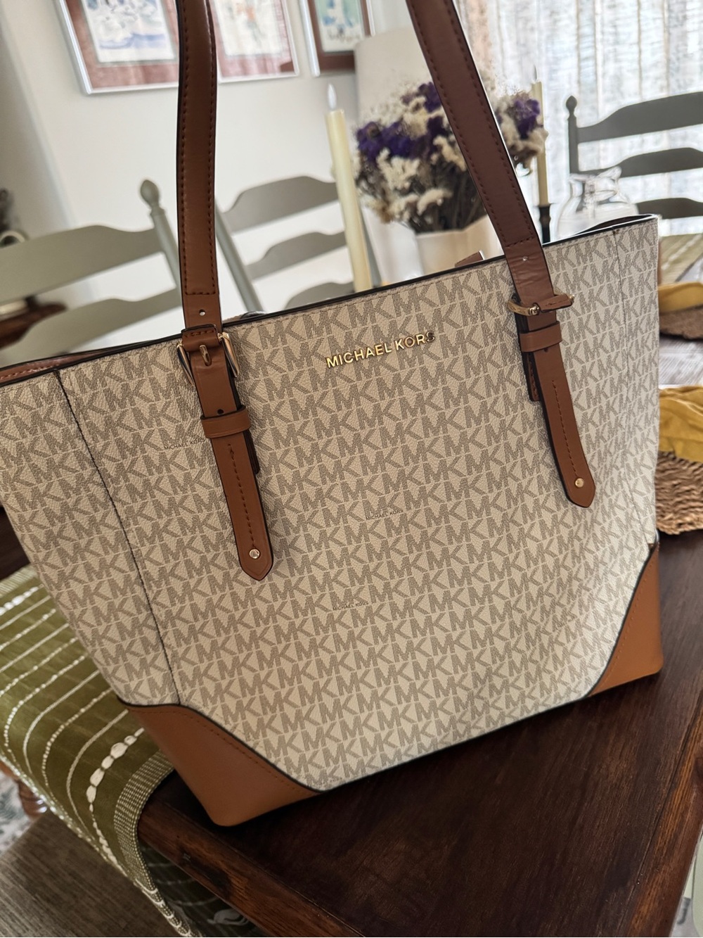 Michael Kors Cream Logo Tote with Brown Trim